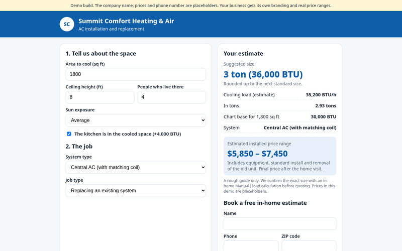 AC Size + Install Estimate demo screenshot