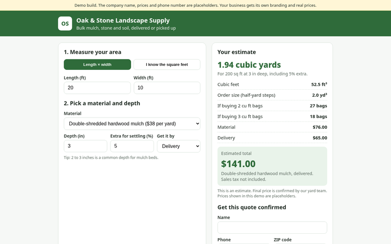 Mulch & Gravel Quote Calculator demo screenshot